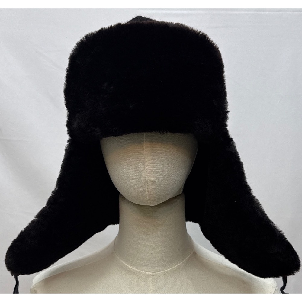 Vtg Soviet Russian Ushanka Hat Black Wool Brown Rabbit Fur Belka USSR M